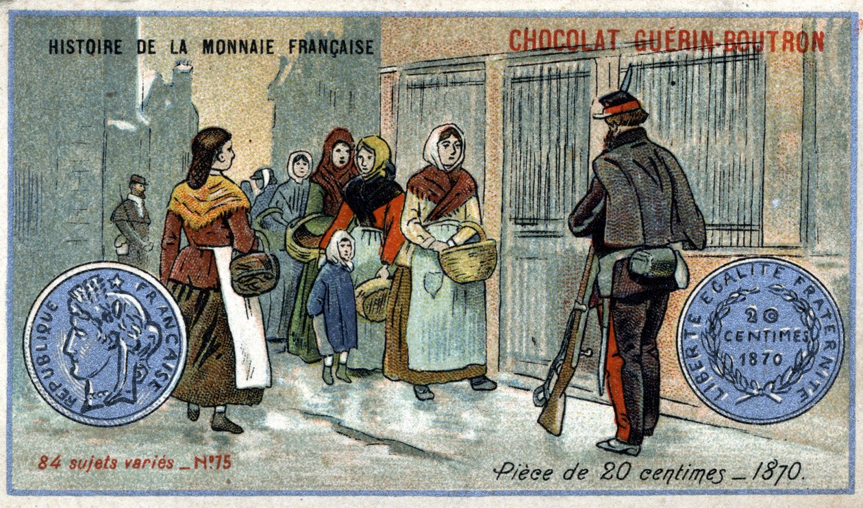 Seria Historia waluty francuskiej wydana przez Chocolat Guérin Boutron. XIX-wieczna chromolitografia. Moneta 20 centymów w 1870 autorstwa Unknown artist