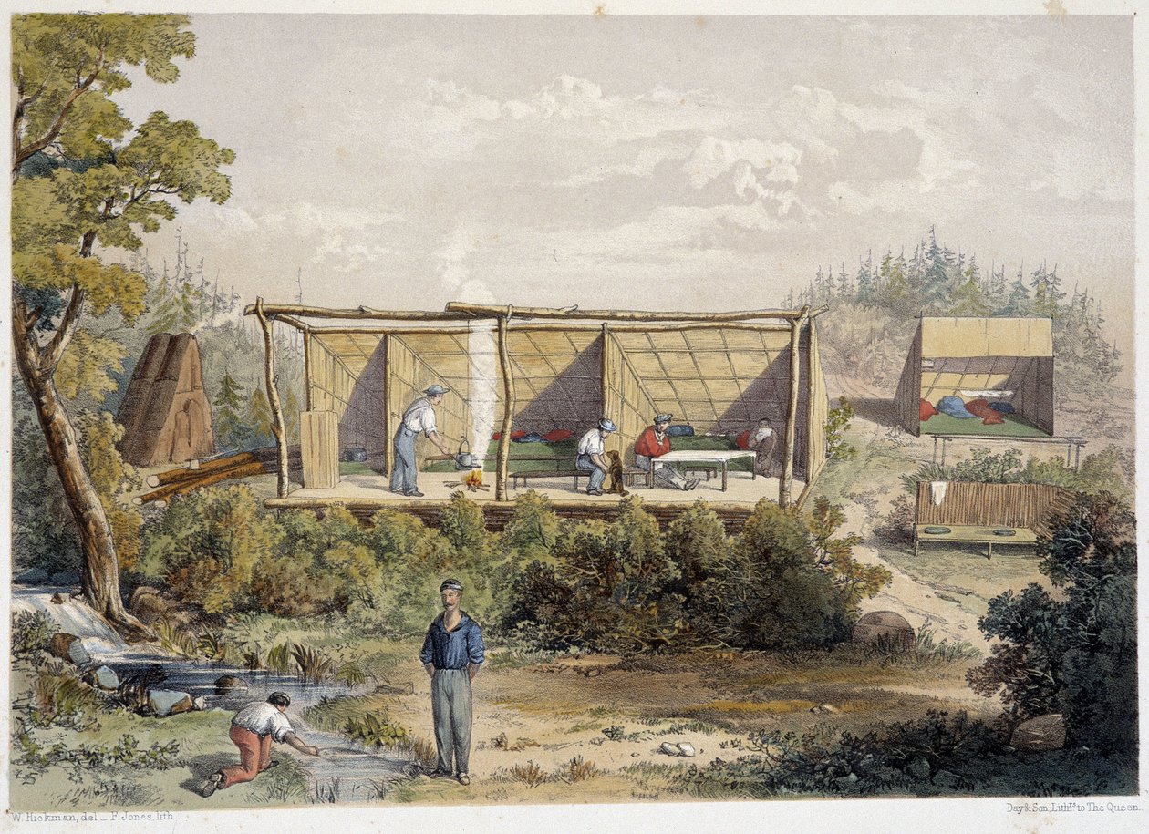 Obóz Osadników w Kanadzie - w „Szkice na nipisaguit rzece Nowego Brunszwiku w Ameryce” Williama Hickmana, wyd. Halifax autorstwa Unknown artist