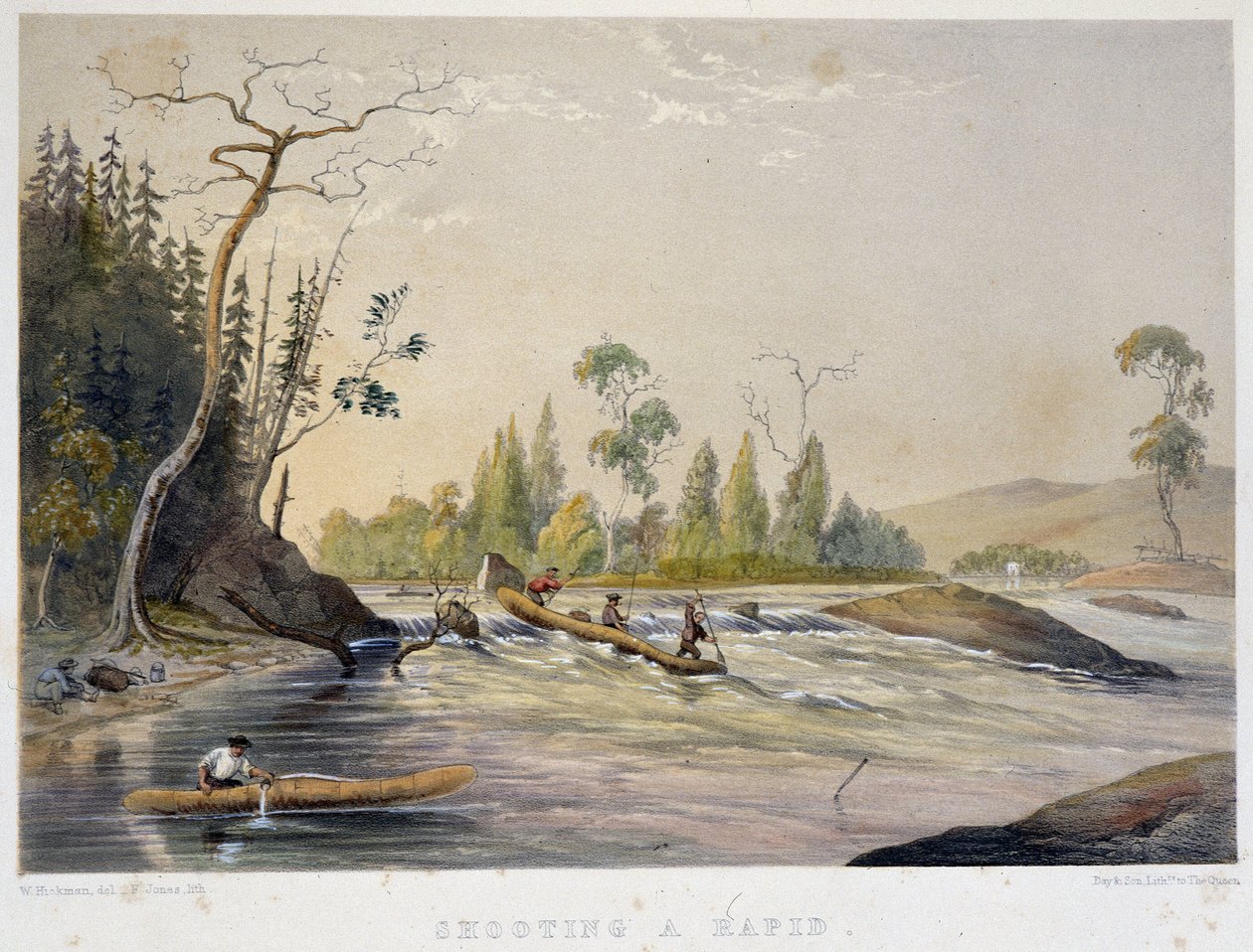Osadnicy łowiący w bystrzu – w „Szkicach na rzece nipisaguit w Nowym Brunszwiku w Ameryce” Williama Hickmana, wyd. Halifax autorstwa Unknown artist