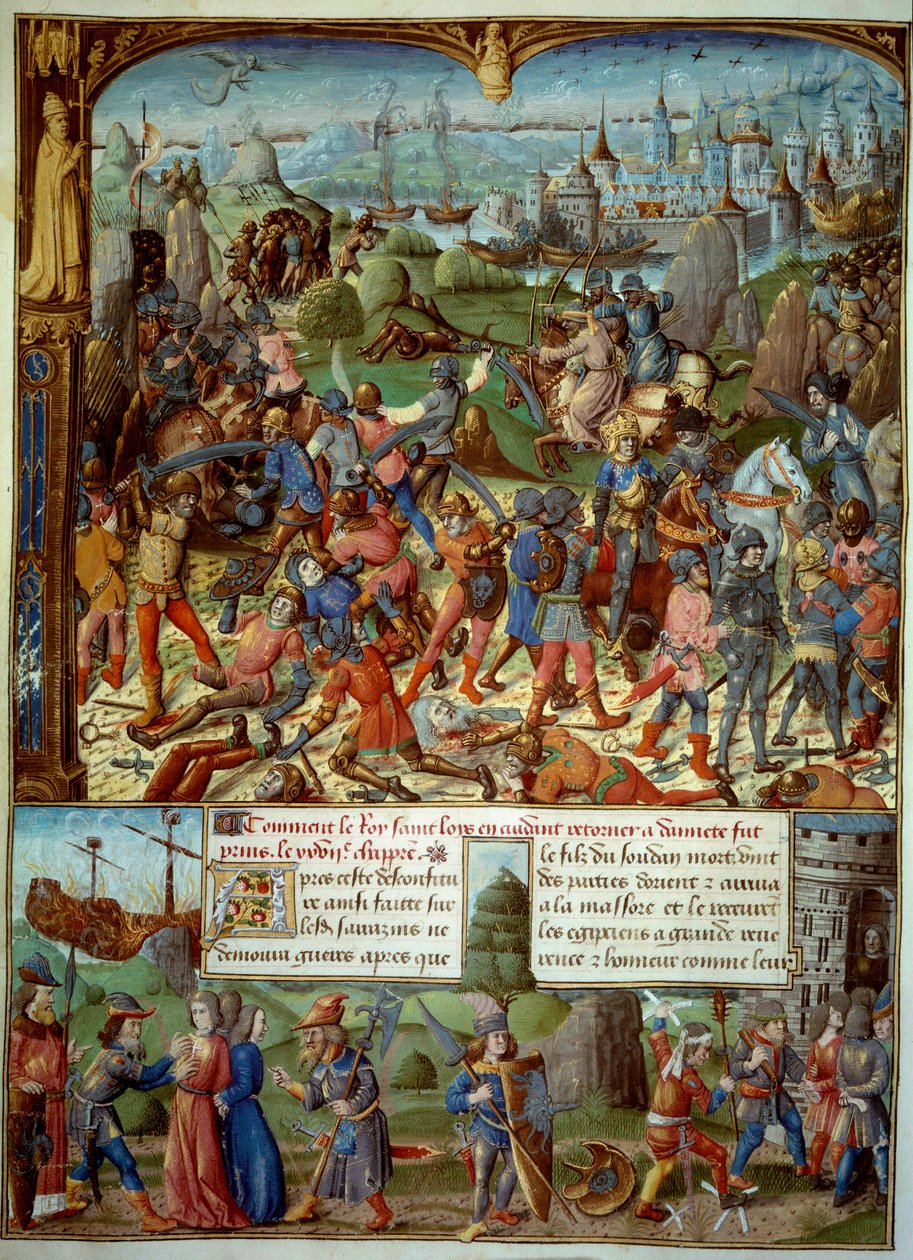 Siódma Krucjata (1248-1254). Na szczycie, Ludwik IX (Saint Louis) (1215-1270), król Francji, z przeprawami po pokonaniu przez Saracenów pod Mansourah w 1250. Wycofali się za wieże Damaszku. Ludwik IX i jego dwaj bracia zostają pojmani autorstwa Unknown artist