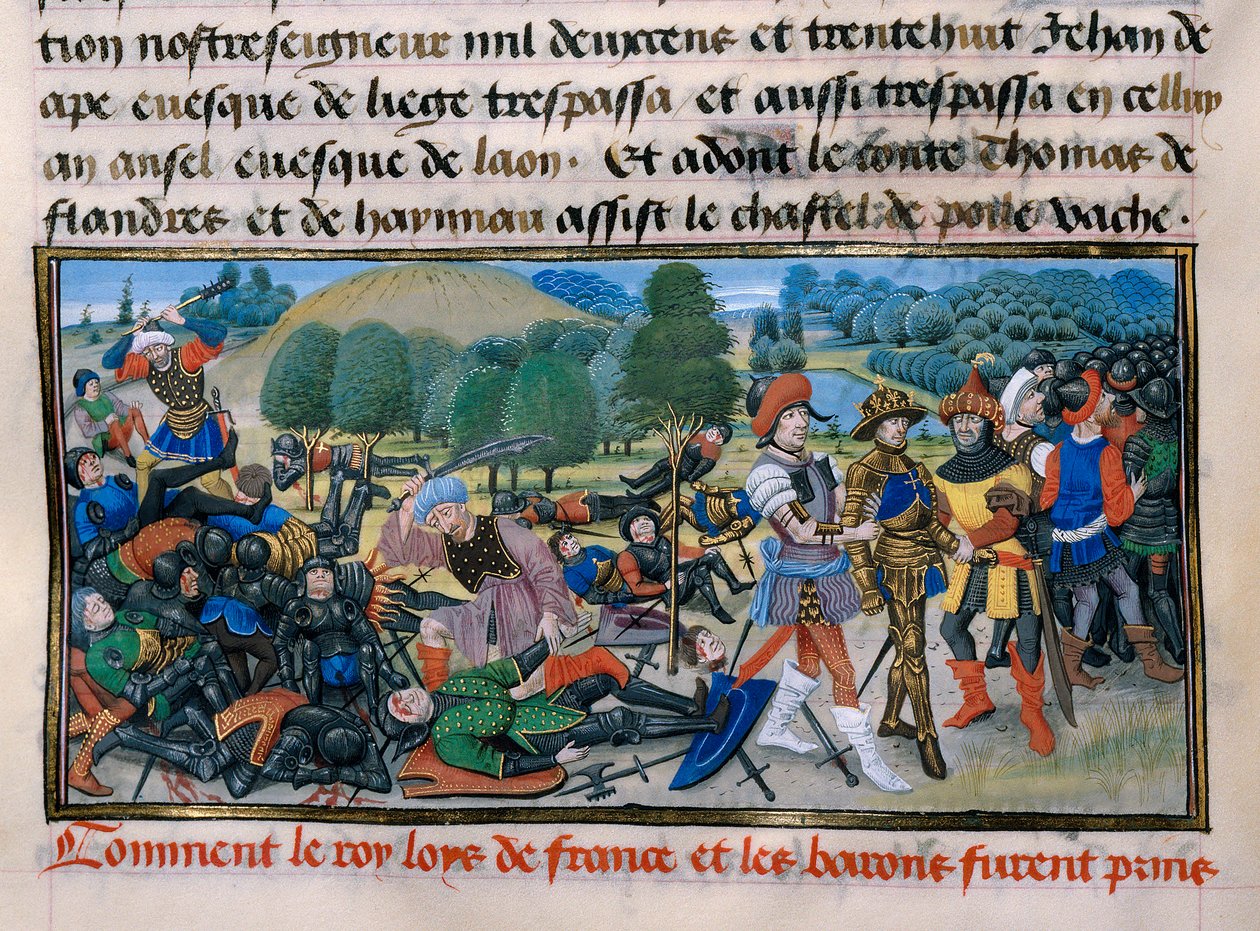 Siódma Krucjata: Król Ludwik IX (Saint Louis) (1214-70) zostaje schwytany podczas bitwy pod Mansourah w 1250 w Egipcie, „Chronique abregee” Davida Auberta 1250 Paryż autorstwa Unknown artist