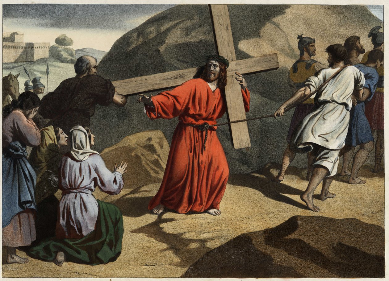 Wspięła się na Kalwarię: Jezus niosący krzyż pocieszył córki jerozolimskie. Anonimowy rycina z połowy XIX wieku. autorstwa Unknown artist