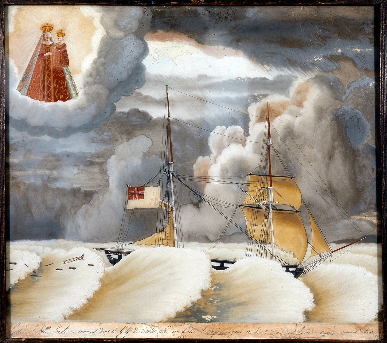Statek „La belle Emilie” w trudnościach - obraz na drewnie, ex wotum Notre Dame de Laghet, 44x37 cm autorstwa Unknown artist