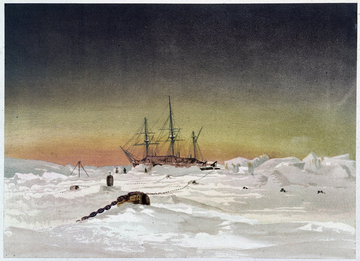 Statek na lodzie - w „Wybrzeżu morza polarnego, narracja ekspedycji arktycznej”, dr Edward Moos, Marcus Nard & Co, Londyn autorstwa Unknown artist