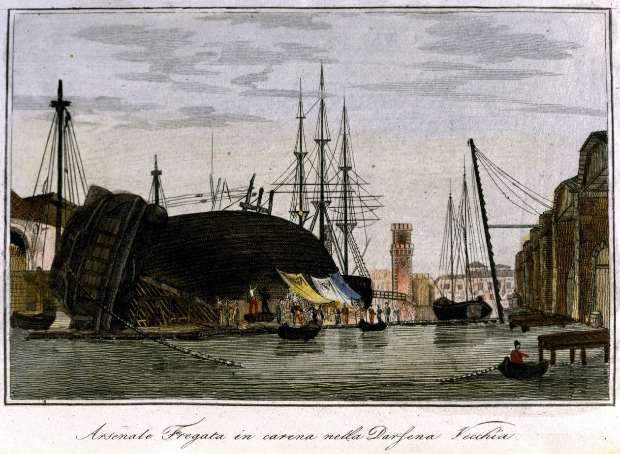 Statek zestrzelony w kadłubie. Fregata wenecka, której kadłub jest naprawiany w arsenale. Rycina XIX wieku. autorstwa Unknown artist