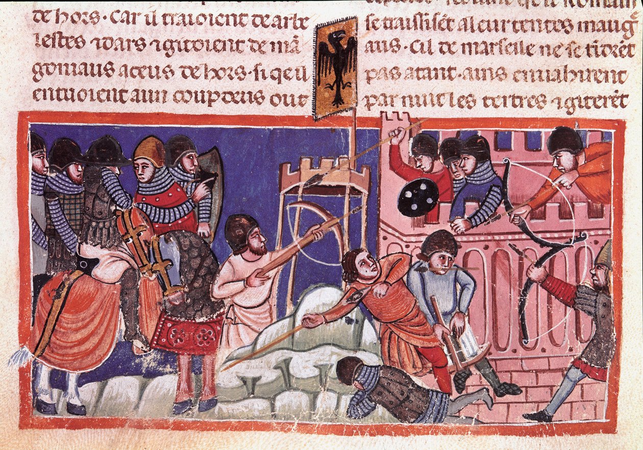 Oblężenie ufortyfikowanego miasta. Miniatura z kodeksu o faktach Julesa Cezara (101 p.n.e.-44 p.n.e) Wenecja z XIV w., Biblioteca marciana autorstwa Unknown artist
