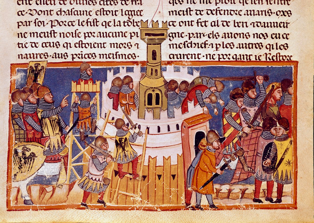 Oblężenie warownego miasta Miniatura zaczerpnięta z „Faktów Rzymian”” opowiadająca o życiu dwunastu Cezarów. Wenecja z XIII wieku, biblioteca Marciana autorstwa Unknown artist