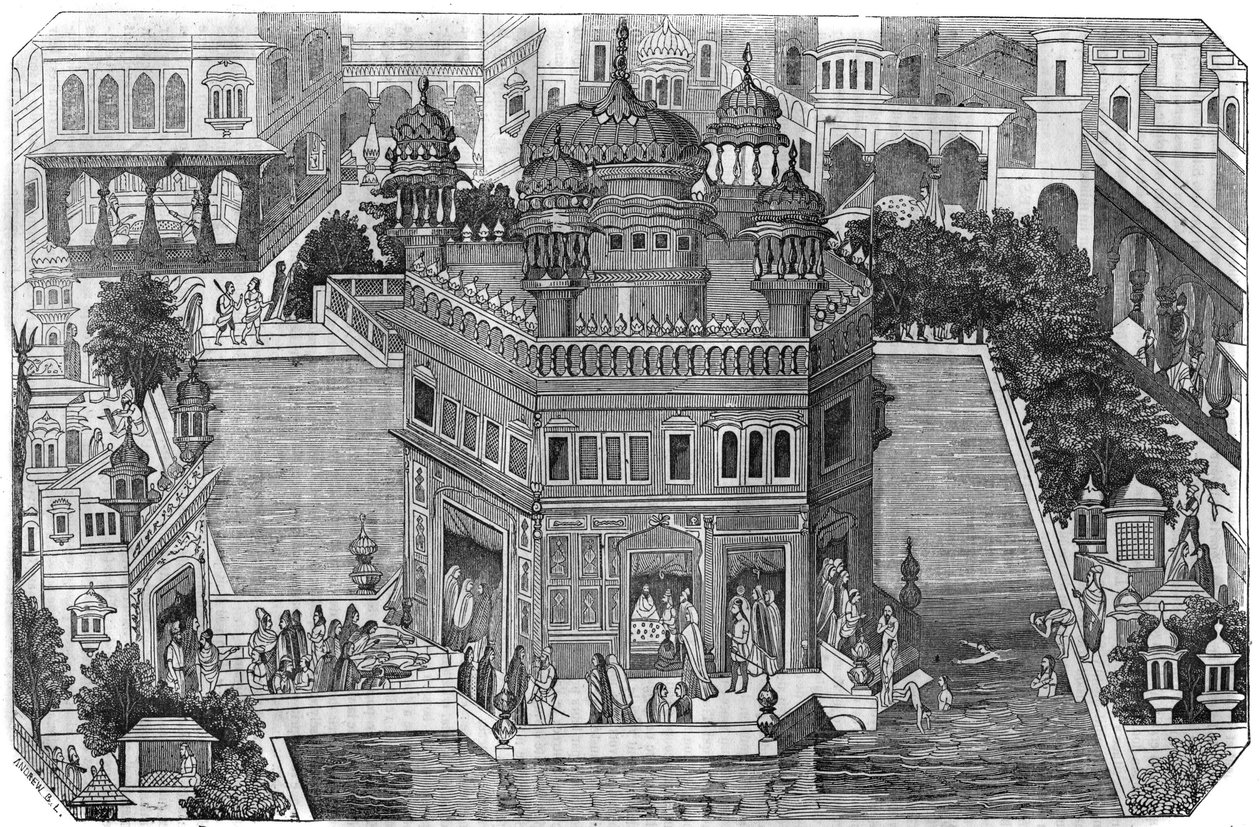 Sikhizm: widok na Złotą Świątynię (Harmandir Sahib), kulturalne centrum religii Sikhów, dorzecze i miasto Amritsar w indyjskim stanie Panjab (Królestwo Lahore). W „”Malowniczym sklepie”” 1836 autorstwa Unknown artist