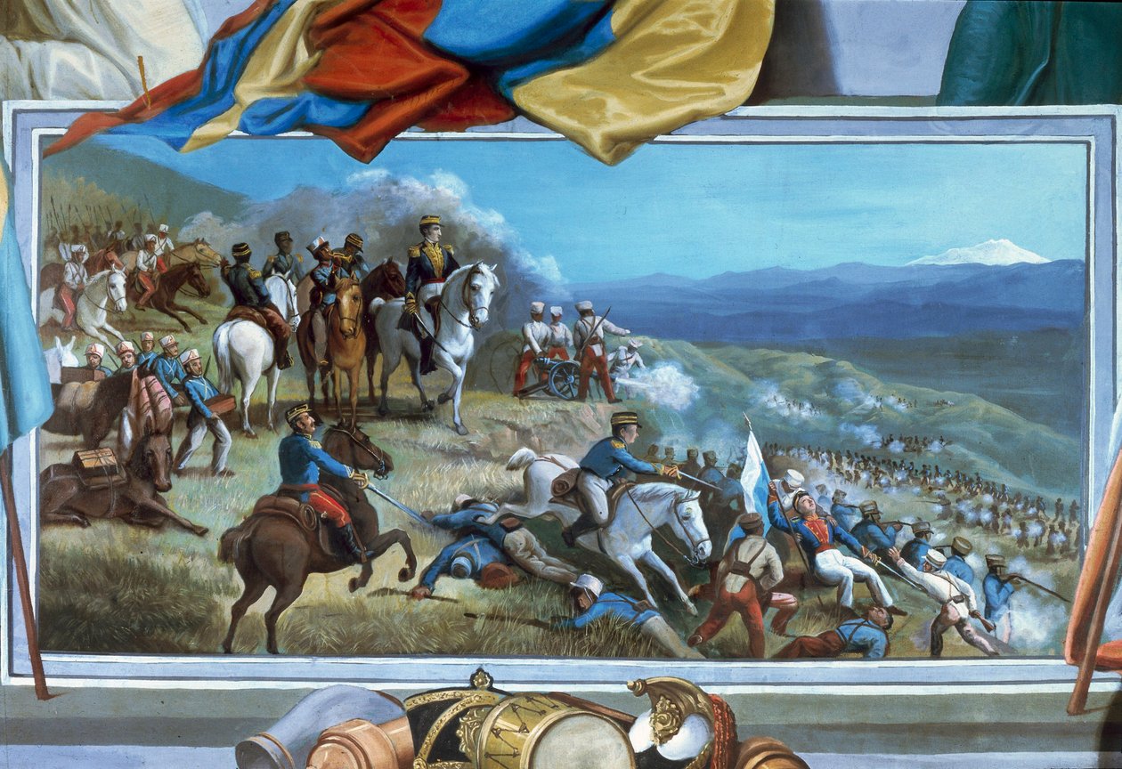 Simon Bolivar dowodzący oddziałami rebeliantów przeciwko hiszpańskim siłom Agustina Agualongo, fresk ratusz Ibarra, Ekwador autorstwa Unknown artist