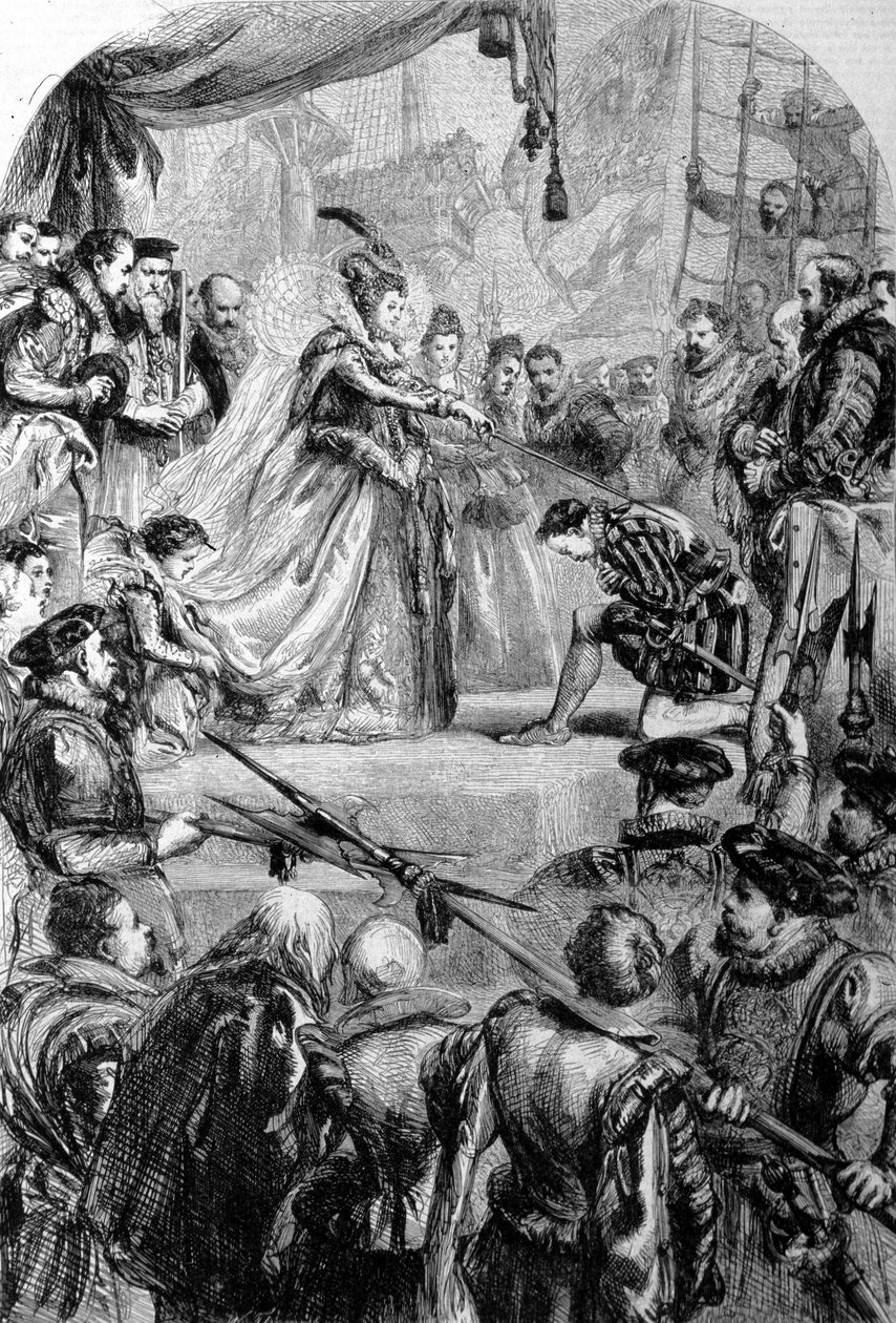 Sir Francis Drake (1540-1596), angielski nawigator, został pasowany na rycerza przez królową Elżbietę I w 1581 roku. Grawerowanie. autorstwa Unknown artist