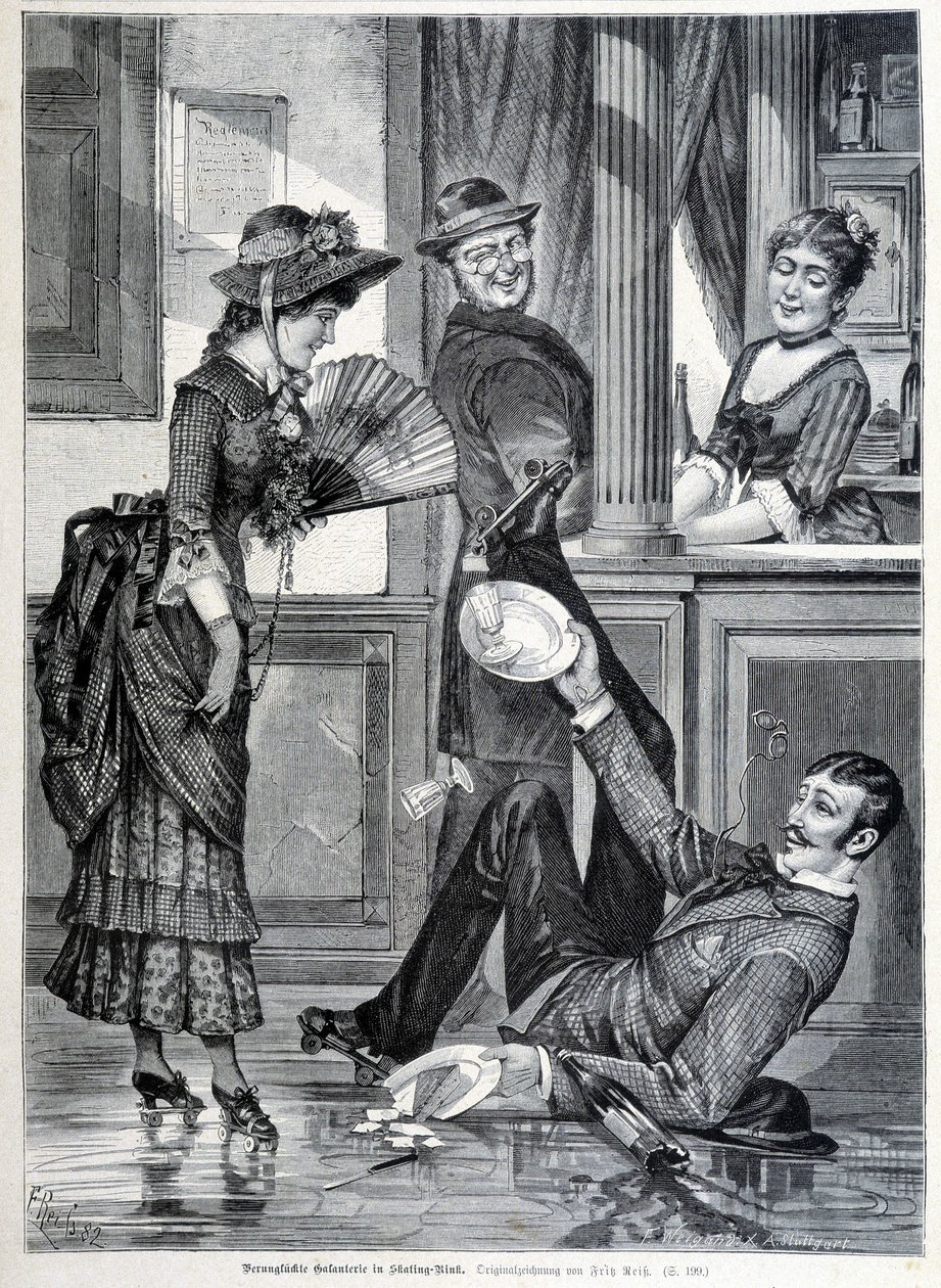 Scena na łyżwach w browarze. Chłopiec spada i rozbija talerze, które miał na sobie (1883). autorstwa Unknown artist
