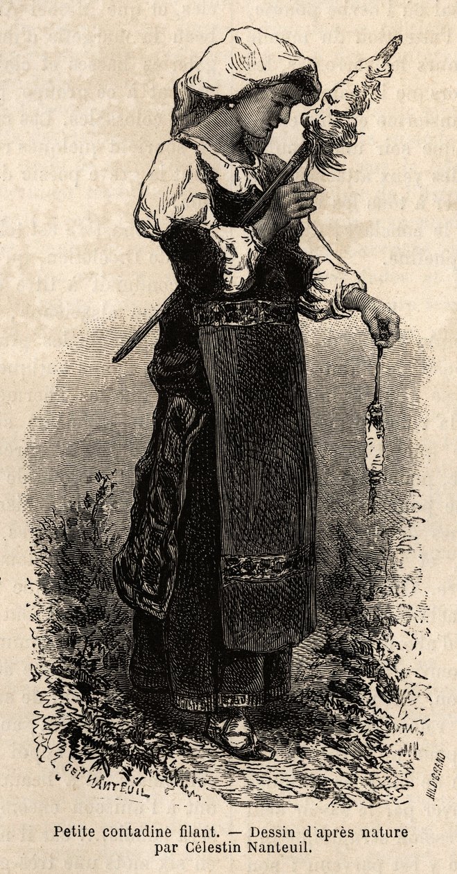 Mały contadine (chłop) z okolic Rzymu przędący wełnę swoim wrzecionem. Rycina ilustrująca podróż do Rzymu Francisa Weya w latach 1864-1870, opublikowana w „Le tour du monde” 1870-1871, pod redakcją Edouarda Chartona, wyd. Hachette, Pari autorstwa Unknown artist