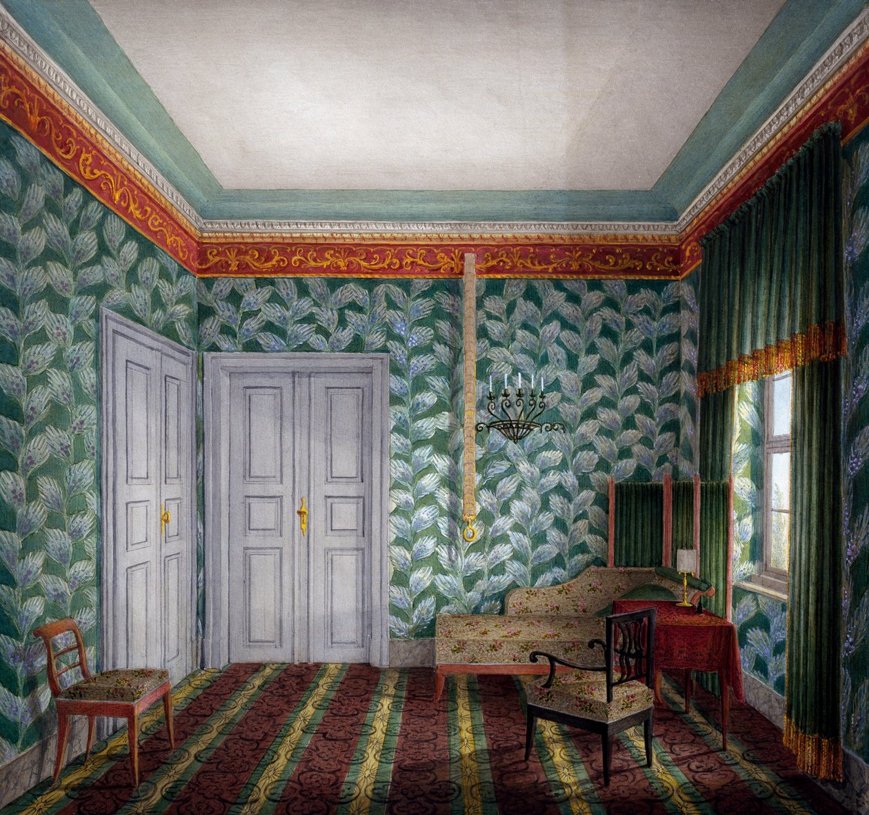 Mały pokój dzienny z zieloną tapetą i liśćmi autorstwa Unknown artist