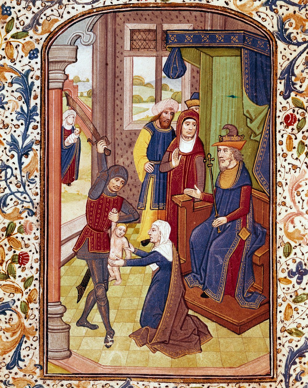 Osąd Salomona Dwie kobiety udają, że są matką tego samego dziecka. Miniatura z rękopisu z XV-wiecznej Biblioteki Uniwersytetu w Coimbrze autorstwa Unknown artist
