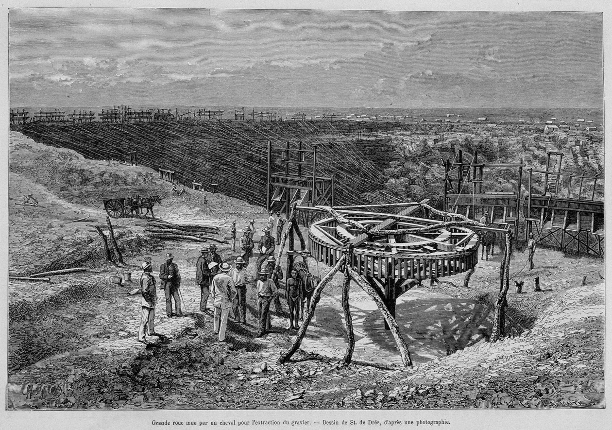 Południowoafrykańskie kopalnie diamentów: żwirownia ciągnięta przez konie – w „Tour du Monde”, 2. tydzień 1878 r. autorstwa Unknown artist