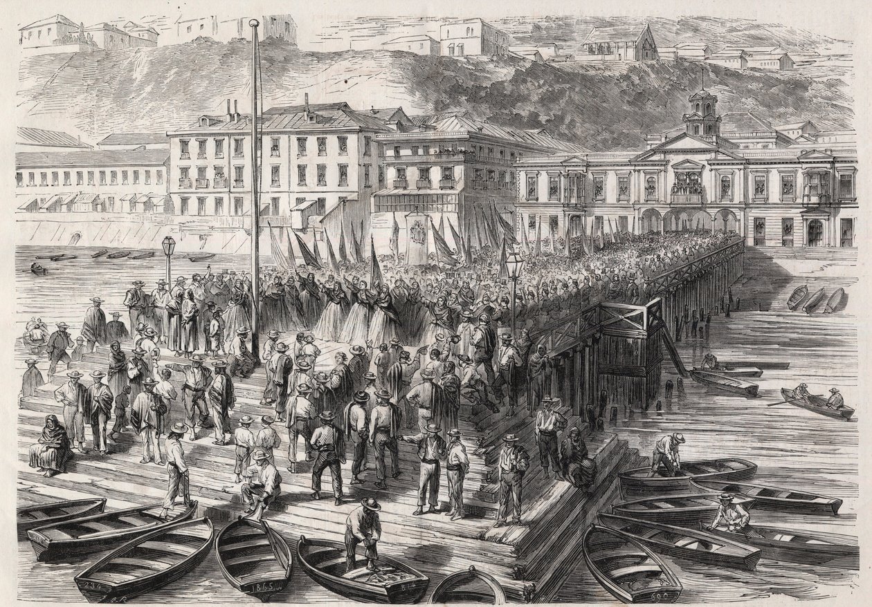 Południowoamerykańska wojna hiszpańska między Chile a Hiszpanią, wrzesień 1865: damy z Valparaiso, w obecności hiszpańskiej eskadry blokującej port, śpiewają hymny patriotyczne – Grawerowanie w „”The Illustrous World”” autorstwa Unknown artist