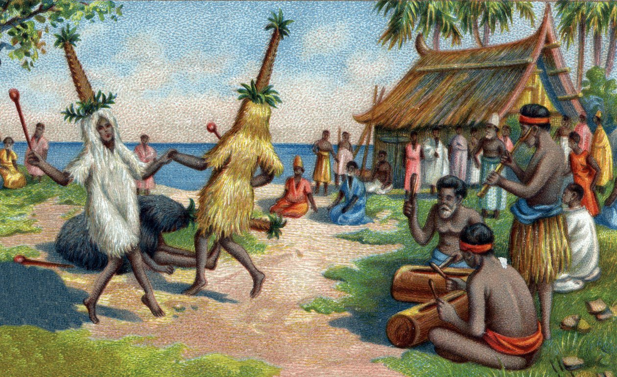 Tancerze z wysp południowego Pacyfiku: podczas ceremonii religijnych noszą ubrania z piór kolibra, kakao i rajskich ptaków. Chromolitografia XIX wieku autorstwa Unknown artist