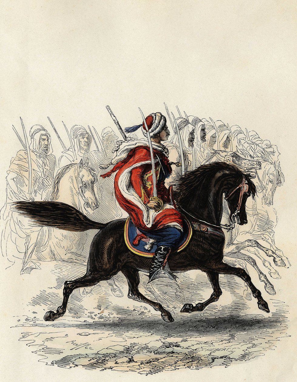 Spahis (korpus kawalerii indyjskiej armii francuskiej) złożony głównie z jeźdźców arabskich szkolonych dla prowincji Algier w 1834, d