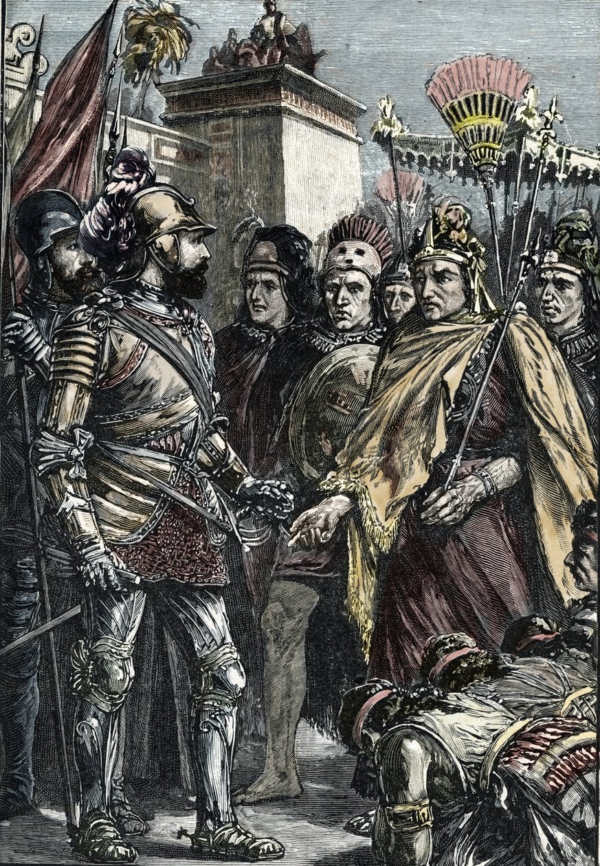 Hiszpański podbój Meksyku: spotkanie Hernana Cortesa i Montezumy II w 1519 r. autorstwa Unknown artist