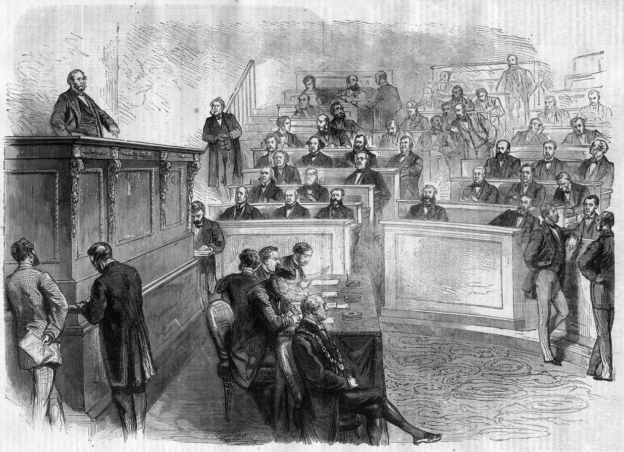 Przemówienie Eugene Rouher (1814-1884) na trybunie du corps legislatif - Grawerowanie w „” Le Journal Illustronne”” autorstwa Unknown artist