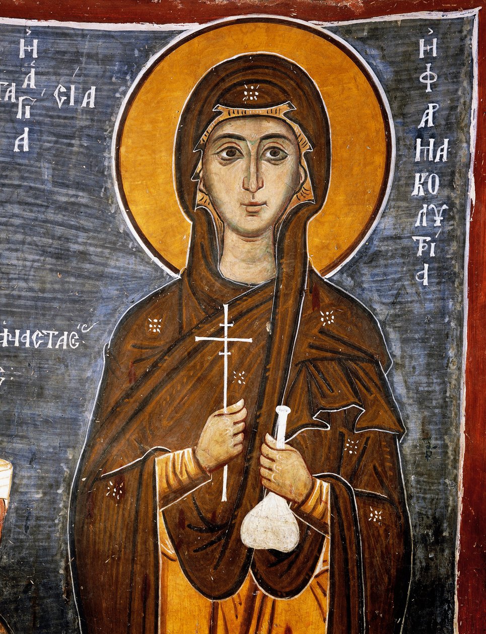 St Anastasia, uzdrowiciel koni z butelką lekarstw i krzyżem, bizantyjski kościół Matki Bożej z Asinou (XII w.) (Lista Światowego Dziedzictwa UNESCO, 2001), góry Troodos, Cypr, szczegół autorstwa Unknown artist