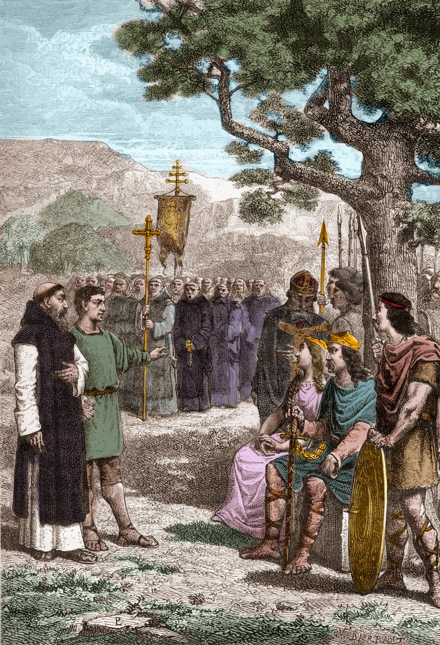 Św. Augustyn z Canterbury (zm. 604) nauczający przed Ethelbertem (552? -616) anglosaskim królem Kentu, którego ochrzcił w 597 - Augustyn wysłany przez papieża Grzegorza I w celu nawrócenia Anglosasów na chrześcijaństwo - Reprezentacja św. Augustyna z Cante autorstwa Unknown artist