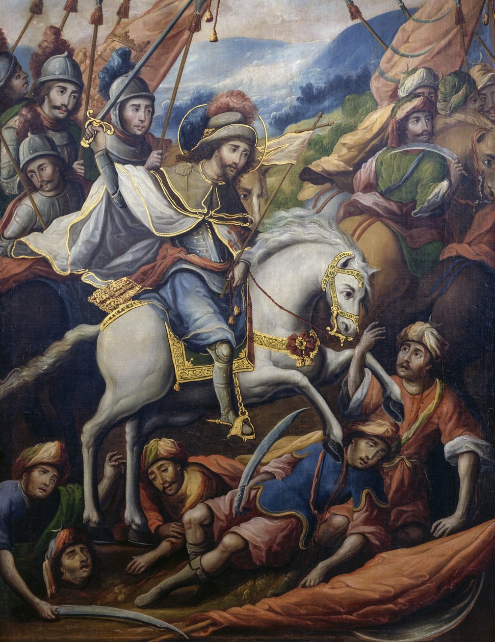 Św. Jakub na koniu zabija Maurów, fragment z Paravento della conquista (Ekran podboju), olej na płótnie nieznanego artysty z XVII wieku, 213x550 cm, Meksyk autorstwa Unknown artist