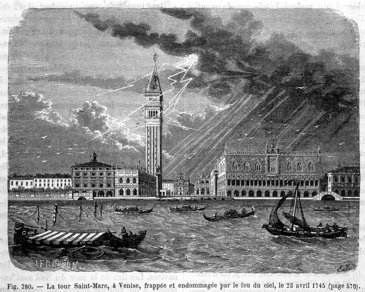 Wieża św. Marka w Wenecji trafiona i zniszczona przez pożar nieba 23 kwietnia 1745 r. – w „Cuda nauki” Louisa Figuiera autorstwa Unknown artist