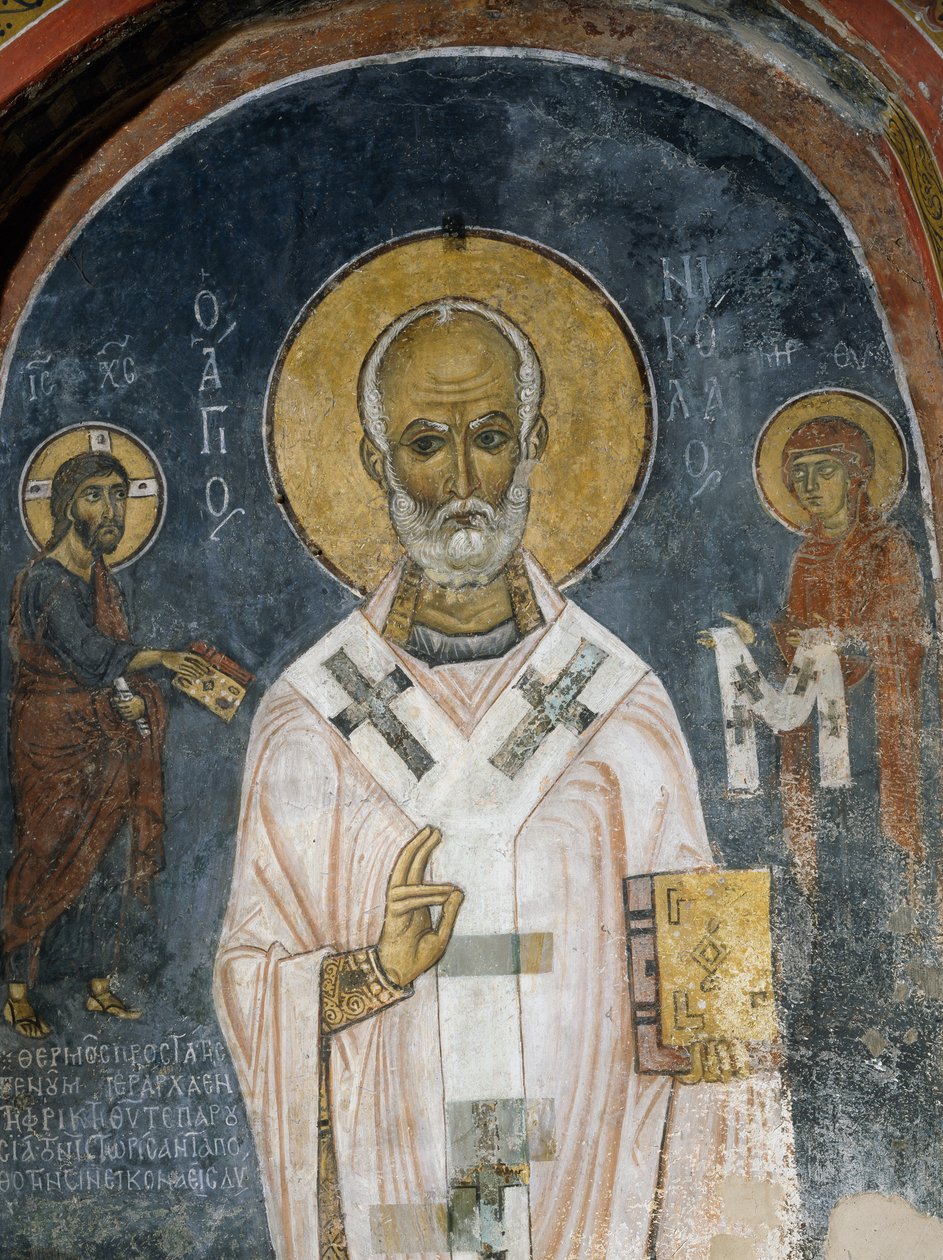 Św Mikołaj z Miry, fresk (XII w.), Kościół Ayios Nikolaos tis Steyis (Święty Mikołaj z Dachu) (XI w.) (Lista Światowego Dziedzictwa UNESCO, 2001), góry Troodos, Cypr autorstwa Unknown artist