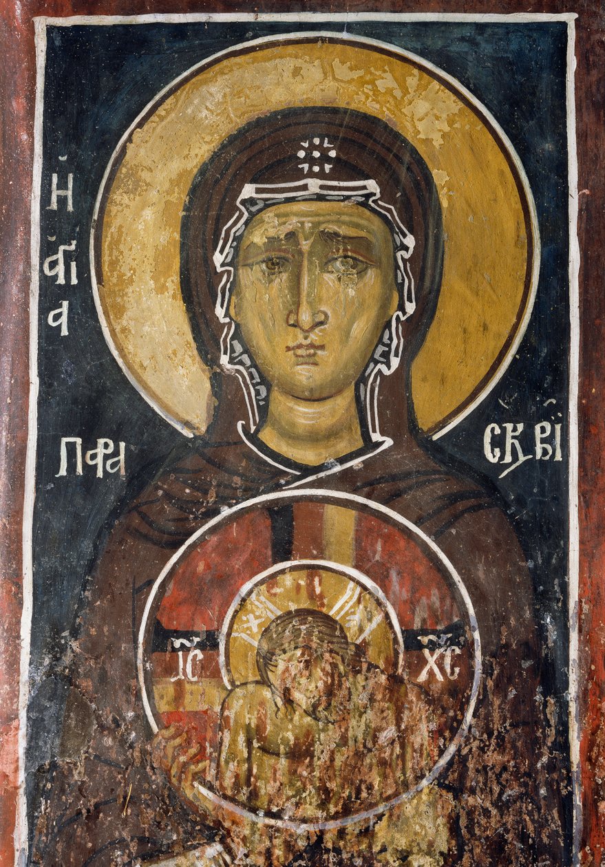 Św. Paraskevi, personifikacja Wielkiego Piątku trzymająca ikonę Chrystusa Najwyższej Pokory, fresk (1332-1333), bizantyjski kościół Matki Bożej z Asinou (XII w.) (Lista Światowego Dziedzictwa UNESCO, 2001) Góry Troodos, Cypr autorstwa Unknown artist