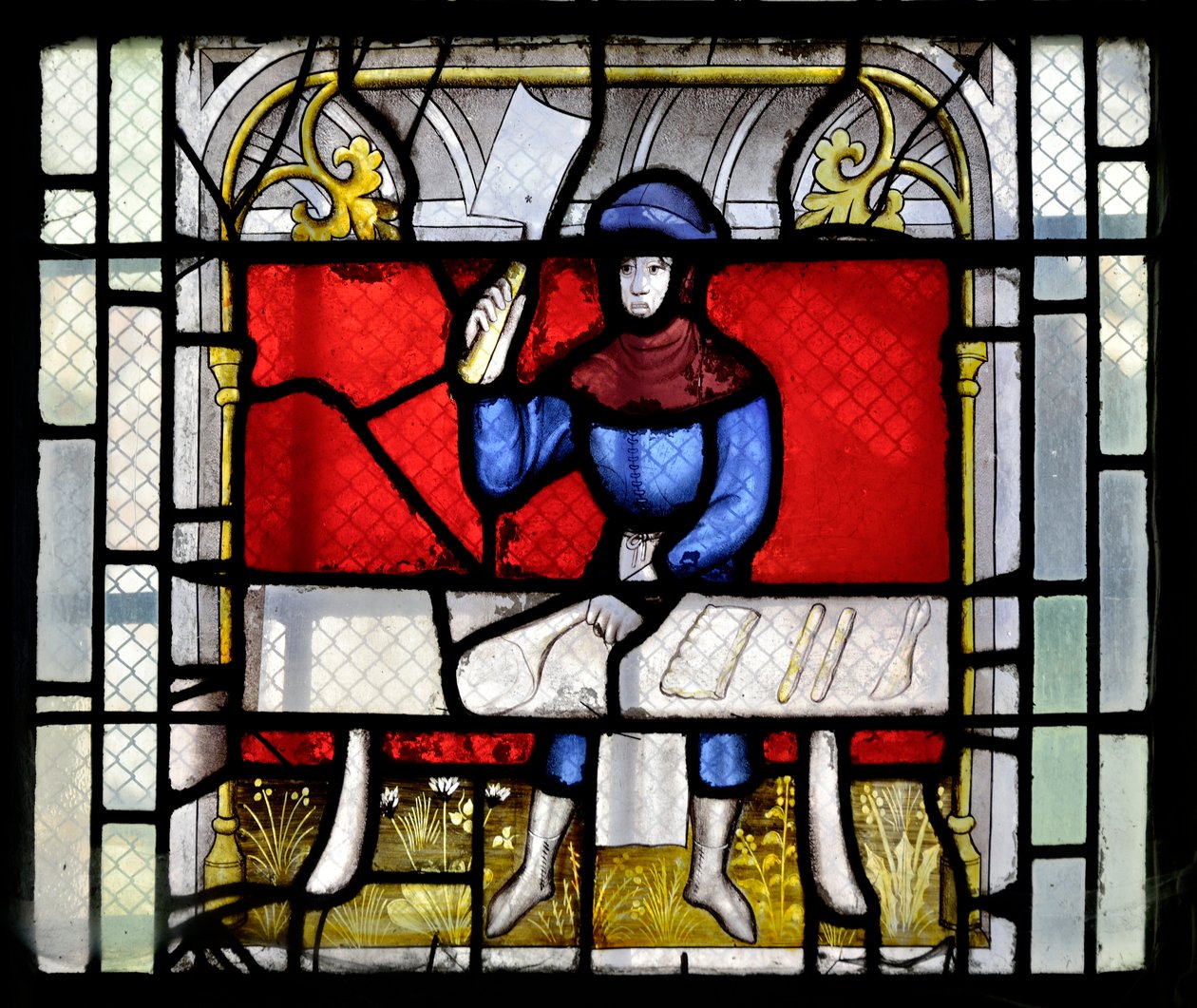Witraż przedstawiający rzeźnika przy pracy, koniec XV-początek XVI wieku - Kaplica Sainte Claude (Sainte-Claude) kościoła Collegiale Notre-Dame de Semur-en-Auxois (Notre Dame de Semur en Auxois), Burgundia autorstwa Unknown artist