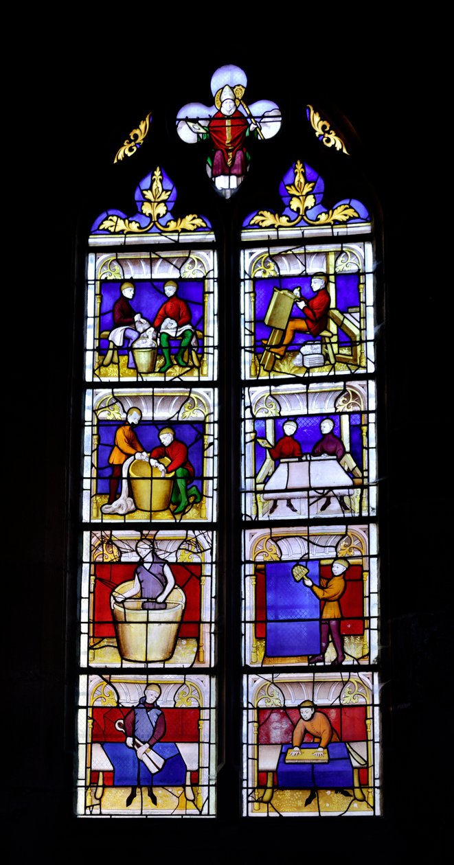 Witraż przedstawiający wyrób płótna, połowa XV w. - Chapelle Saint Blaise (św. Błażej) kościoła Collegiale Lady of Semur-en-Auxois (Notre Dame de Semur en Auxois), Burgundia autorstwa Unknown artist