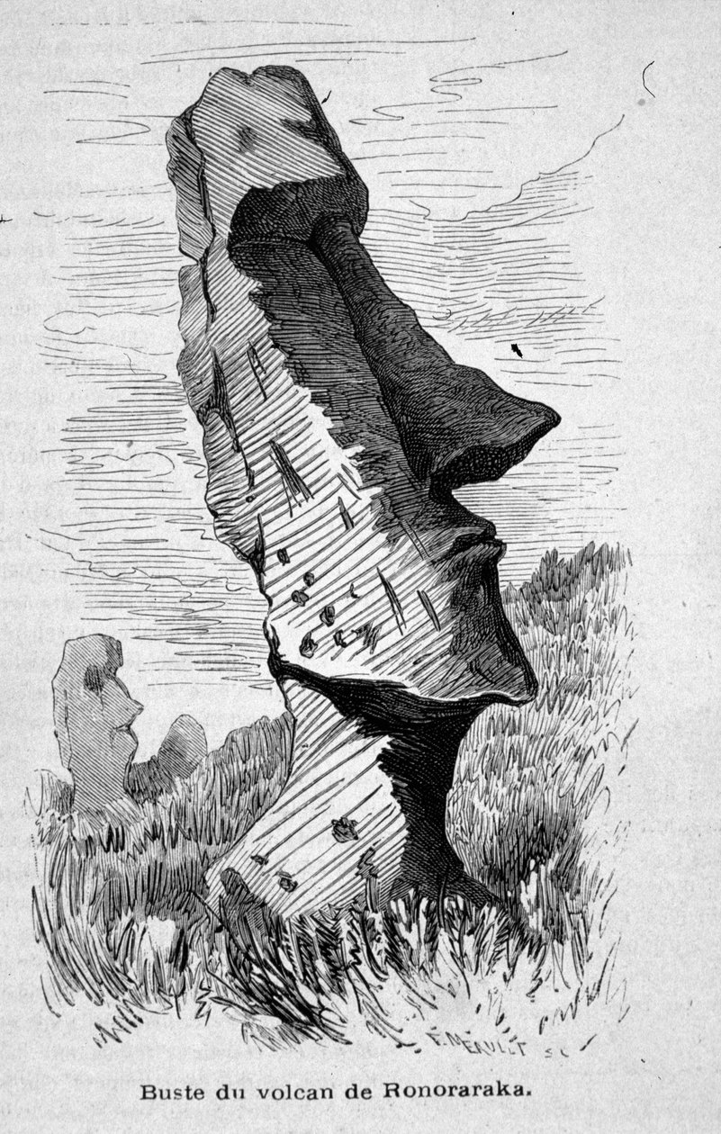 Posąg umieszczony na zboczu wulkanu Ronoraraka na Wyspie Wielkanocnej (Rapa Nui). autorstwa Unknown artist
