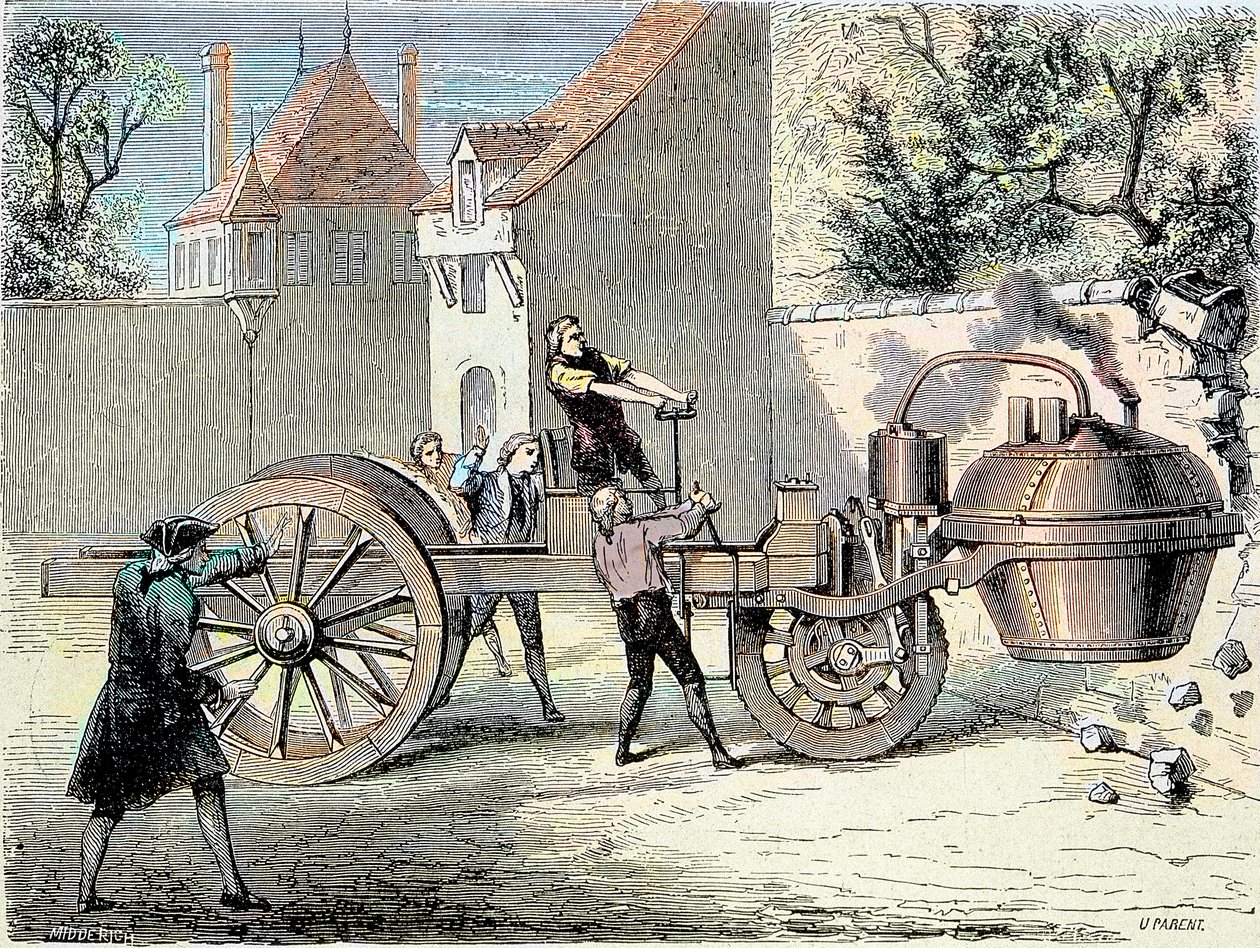 Samochód o napędzie parowym wymyślony przez Nicolasa Josepha Cugnota (1725-1804) wymykający się spod kontroli i przewracający część ściany w 1770 r. (pierwszy zgłoszony „wypadek samochodowy””) - w „Album de la Science”; wybitni naukowcy; Wielkie odkrycia”” autorstwa Unknown artist