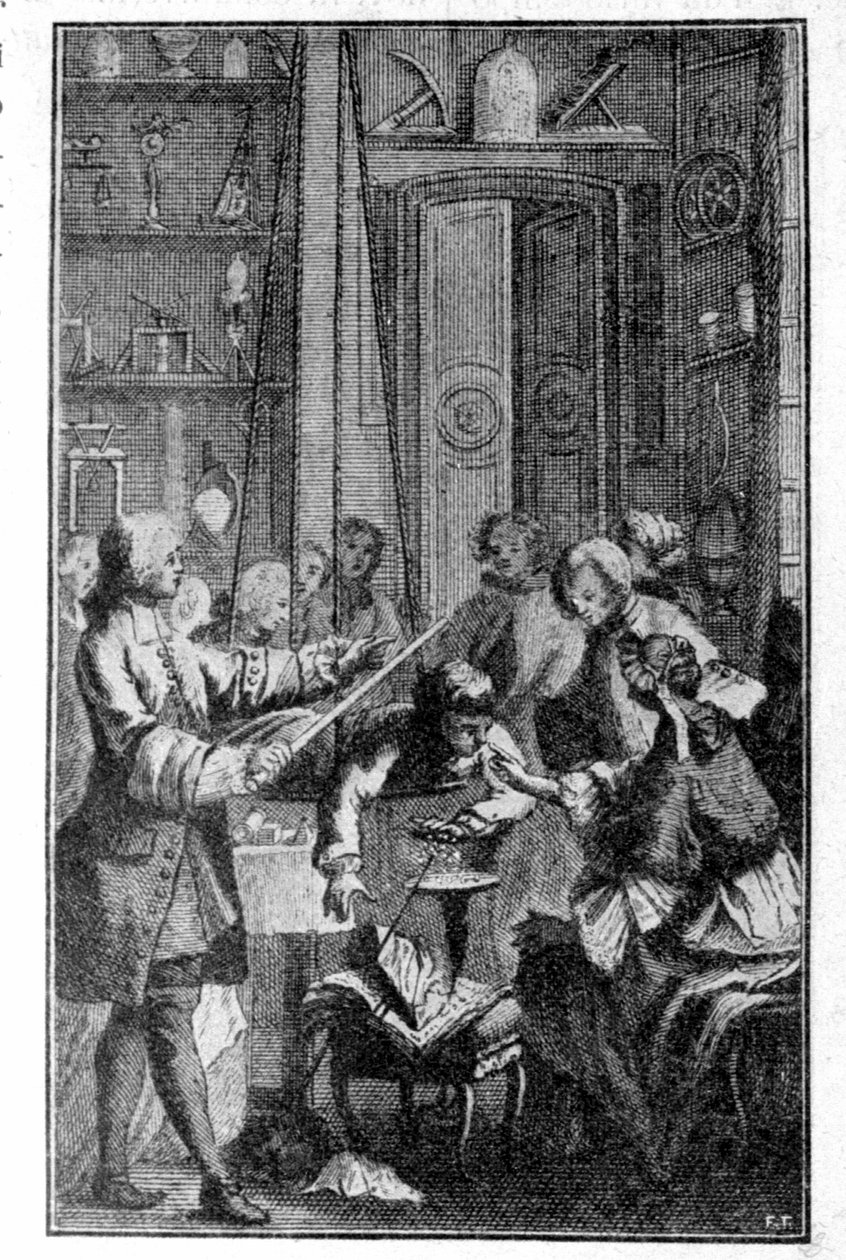Eksperyment Stephena Graya (1670 - 1736) dotyczący przewodnictwa elektrycznego ludzkiego ciała. Rycina XIX wieku. autorstwa Unknown artist