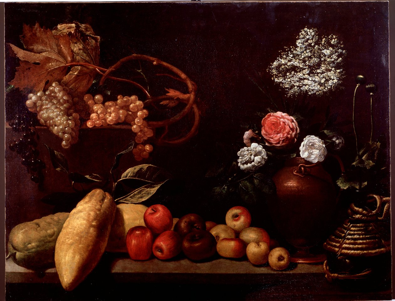 Martwa natura z różami, krzewami, cytrynami i winogronami (malarstwo) autorstwa Unknown artist