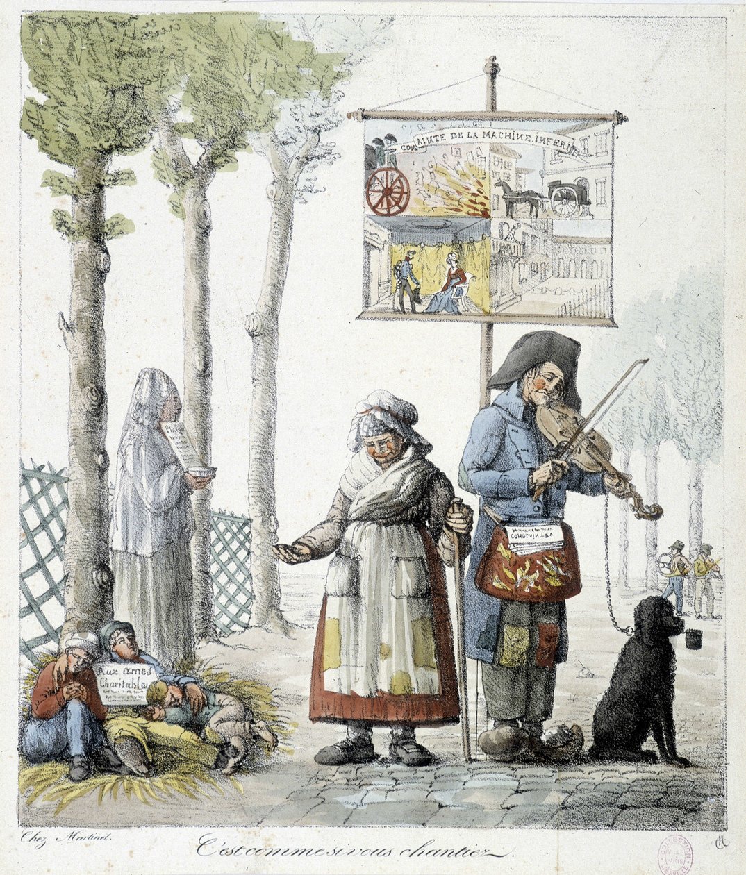 Muzycy uliczni, żebrzące dzieci - litografia autorstwa Unknown artist