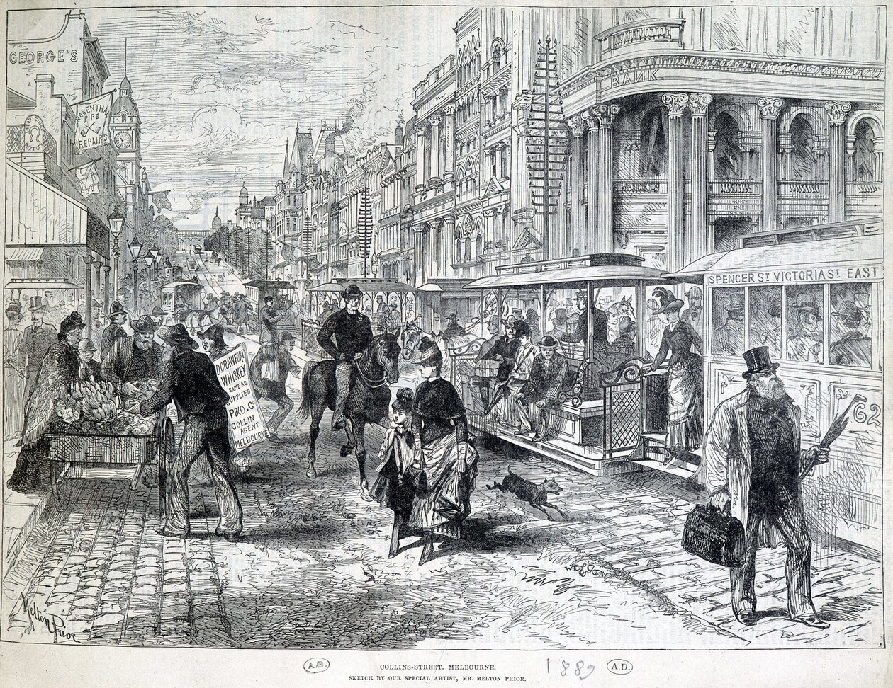 Sceny uliczne, Collins Street w Melbourne w 1889 roku. autorstwa Unknown artist