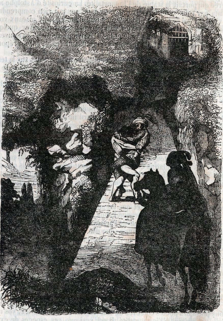Walka między Rolandem a Rodomontem - rycina z 1851 r. z „Wściekły Roland” (Orlando furioso) (XVI w.) Ludovico Ariosto, znanego jako Ariosta - Wydanie przetłumaczone z języka włoskiego przez hrabiego Tressan i wydane przez Gustave