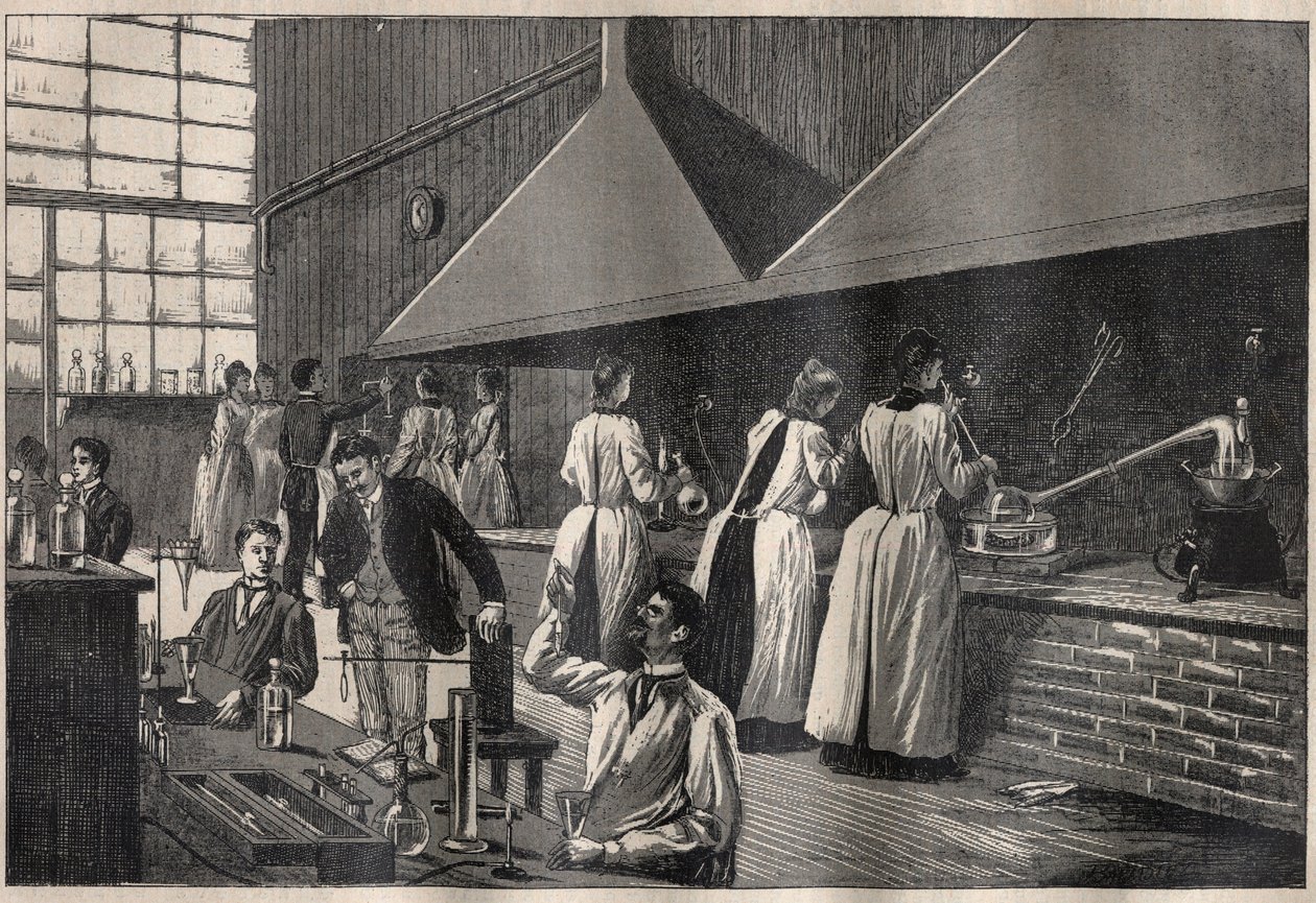 Studenci i profesorowie w laboratorium praktycznym Conservatoire des Arts et Metiers (Arts-et-Metiers) w Paryżu autorstwa Unknown artist