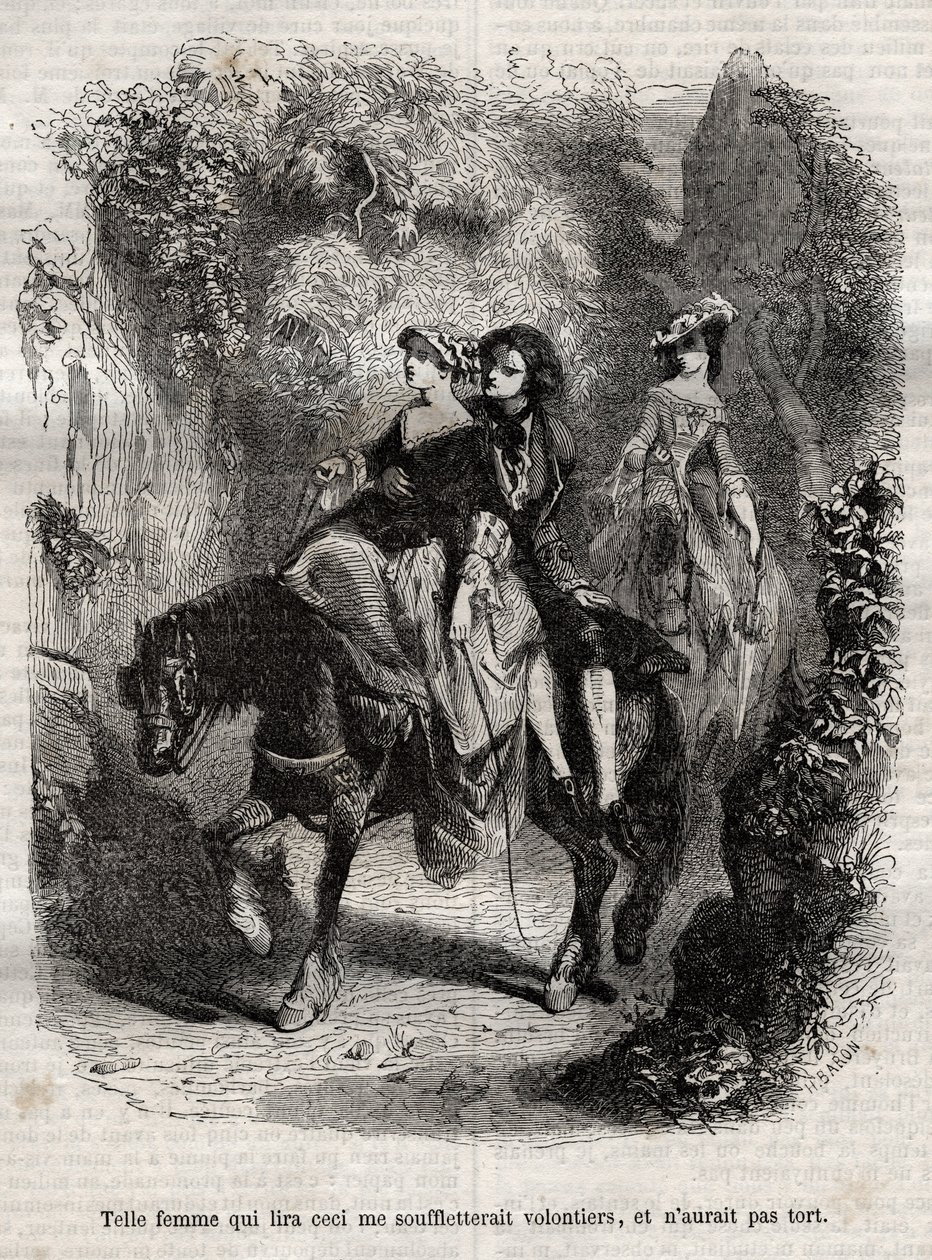 Taka kobieta, która by to przeczytała, chętnie by mnie wysadziła i nie pomyliłaby się. - Ilustracja do „wyznań” Jean-Jacques (Jean Jacques) Rousseau (1712-1778) - rycina z 1849 r. autorstwa Unknown artist