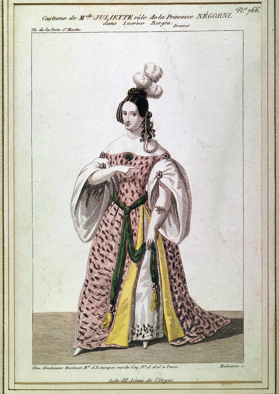 Garnitur panny Juliette Drouet za rolę księżniczki Negroni w „Lucrece Borgia” Victora Hugo. Rycina XIX wieku. autorstwa Unknown artist
