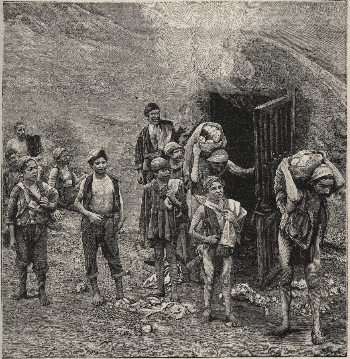 Wydobycie siarki (Zolfara) na Sycylii, rysunek autorstwa Unknown artist