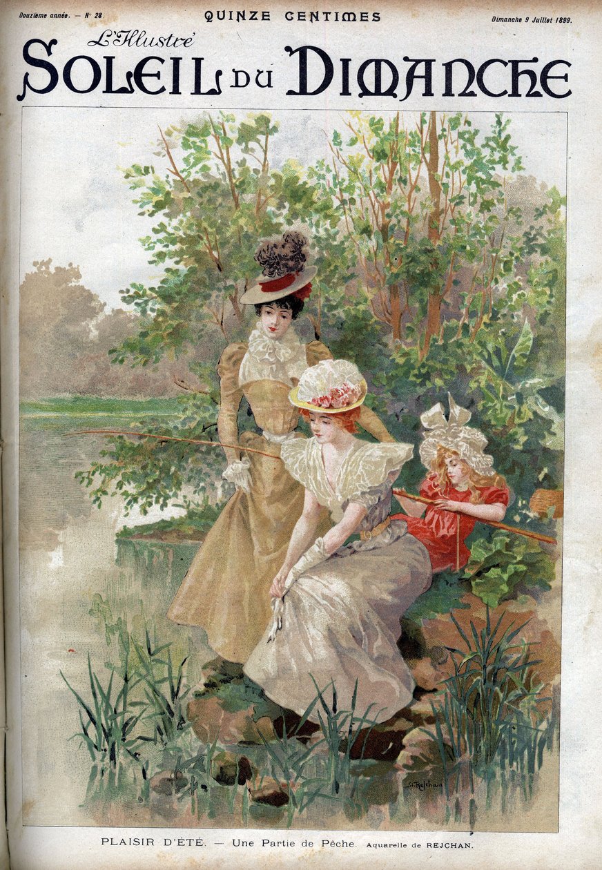 Letnia zabawa: kobiety grające w wędkarstwo. Grawerowanie w „”Le sun-du-dimanche”, 9 lipca autorstwa Unknown artist