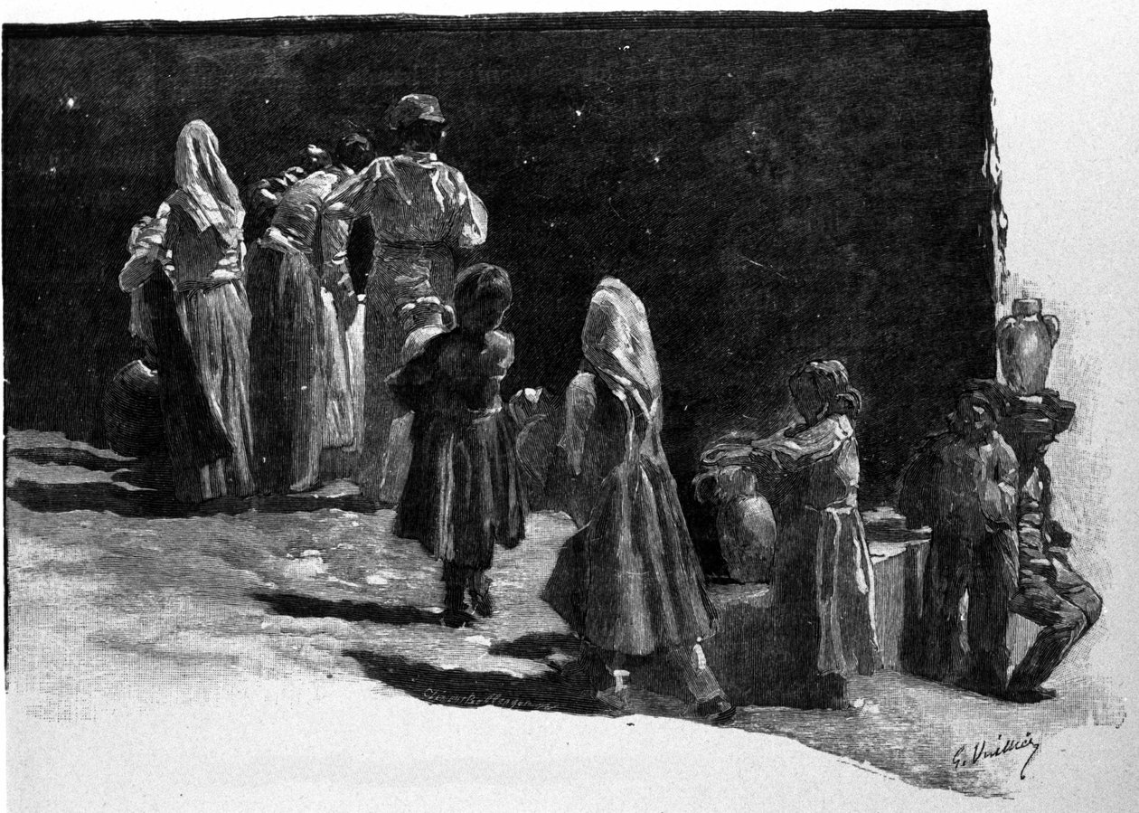 Przesąd: kontemplacja gwiazd przez mieszkańców wiosek Sycylii. Rycina XIX wieku autorstwa Unknown artist