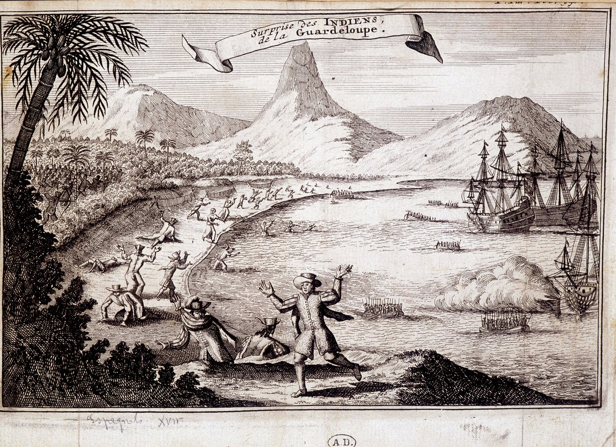 Niespodzianka Indian przy lądowaniu Krzysztofa Kolumba na Gwadelupie (karawele) - grawer autorstwa Unknown artist