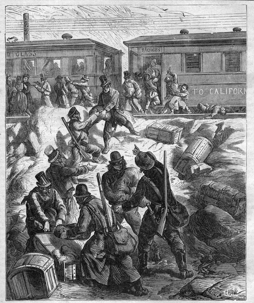 ATAK POCIĄGU FAR WEST - Pacific Railway - pociąg zaatakowany przez bandytów maska - grawerunek z 1887 roku autorstwa Unknown artist