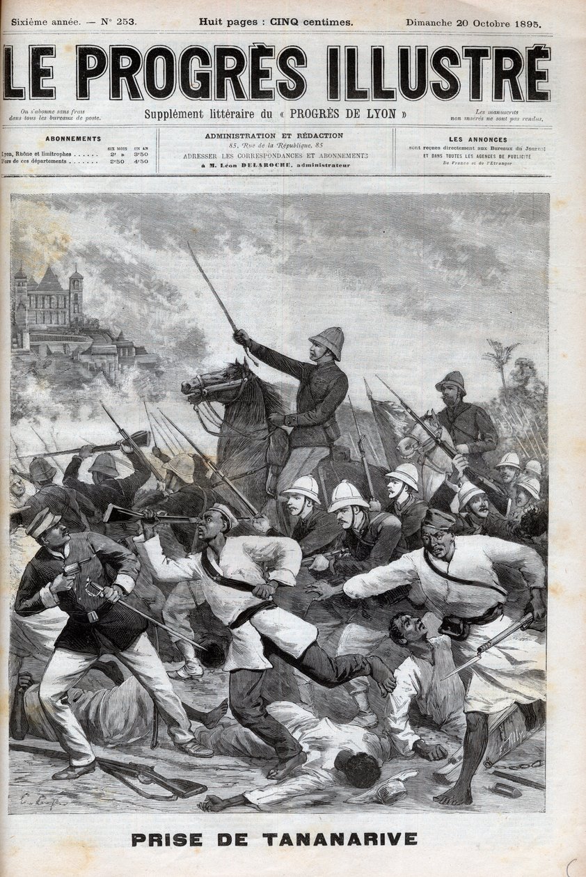 Zdobycie Antananarywa - francuskie wojsko najechało na Antananarywa 1895 - Conquete de Madagascar. - zdobycie Tananarive przez francuskie siły ekspedycyjne w dniu 30 września 1895 r. - grawerowanie w „Le Progres illustrious” z 1895 r. autorstwa Unknown artist
