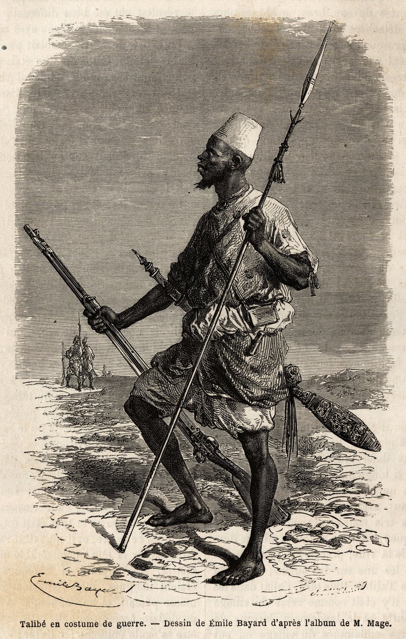 Talibe (młody student studiujący Koran) z armii króla Ahmadu (Tukuuleur), w kostiumie wojennym. Grawer ilustrujący podróż do Sudanu Zachodniego porucznika (marynarki) M.Mage, w latach 1863-1866, opublikowany w „Le tour du monde, nouveau journal des voyage autorstwa Unknown artist