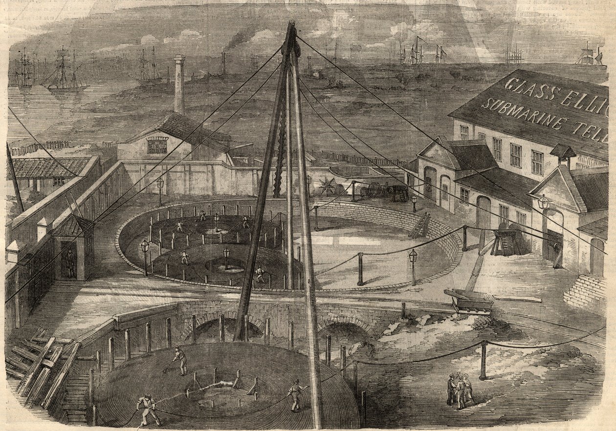 Telegrafia: kabel transatlantycki wyprodukowany w fabryce szkła Elliot and Company w East Greenwich (Anglia) jest gotowy do dostarczenia. Grawerowanie w „The Illustrated London News”” z 14 marca autorstwa Unknown artist